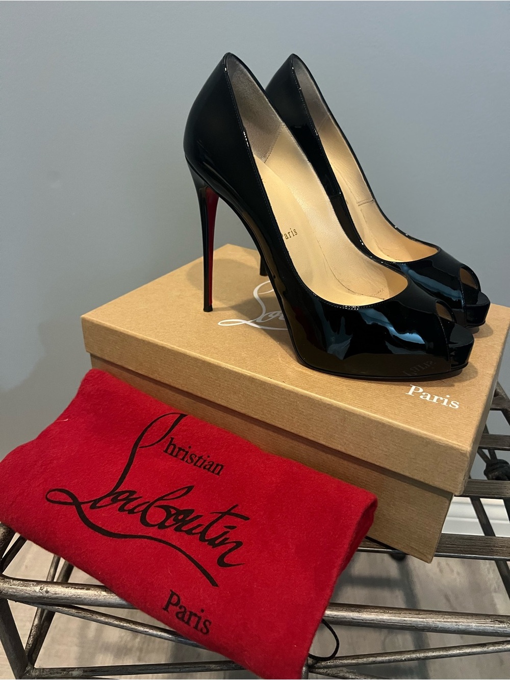 Christian Louboutin Black Patent Peep-Toe Pumps with Red Soles